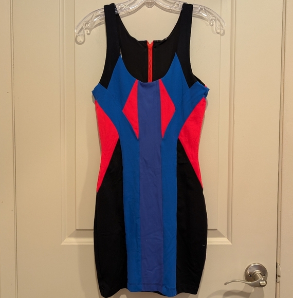 Bebe Colorblock Sleeveless Mini Dress - Black, Blue, Pink - Picture 1 of 9